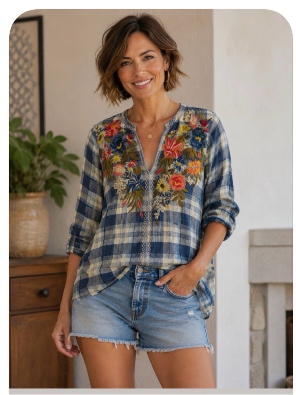 Johnny Was Blue Plaid Embroidered V-Neck Blouse